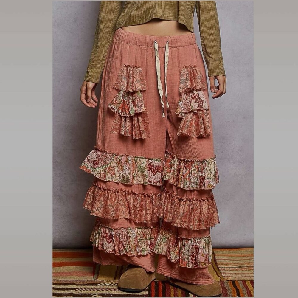 POL Flowy Wide Leg Palazzo Ruffle Salmon Pink Pants Boho Western Size L Gauze - Picture 4 of 11
